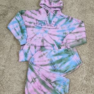 Women's Von Dutch Pink and Green Tie-Dye Hoodie and Sweats Set. Size Large.